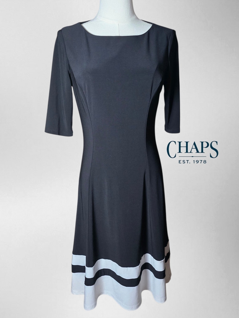 CHAPS Black Midi Dress with White Contrast Hem - Small